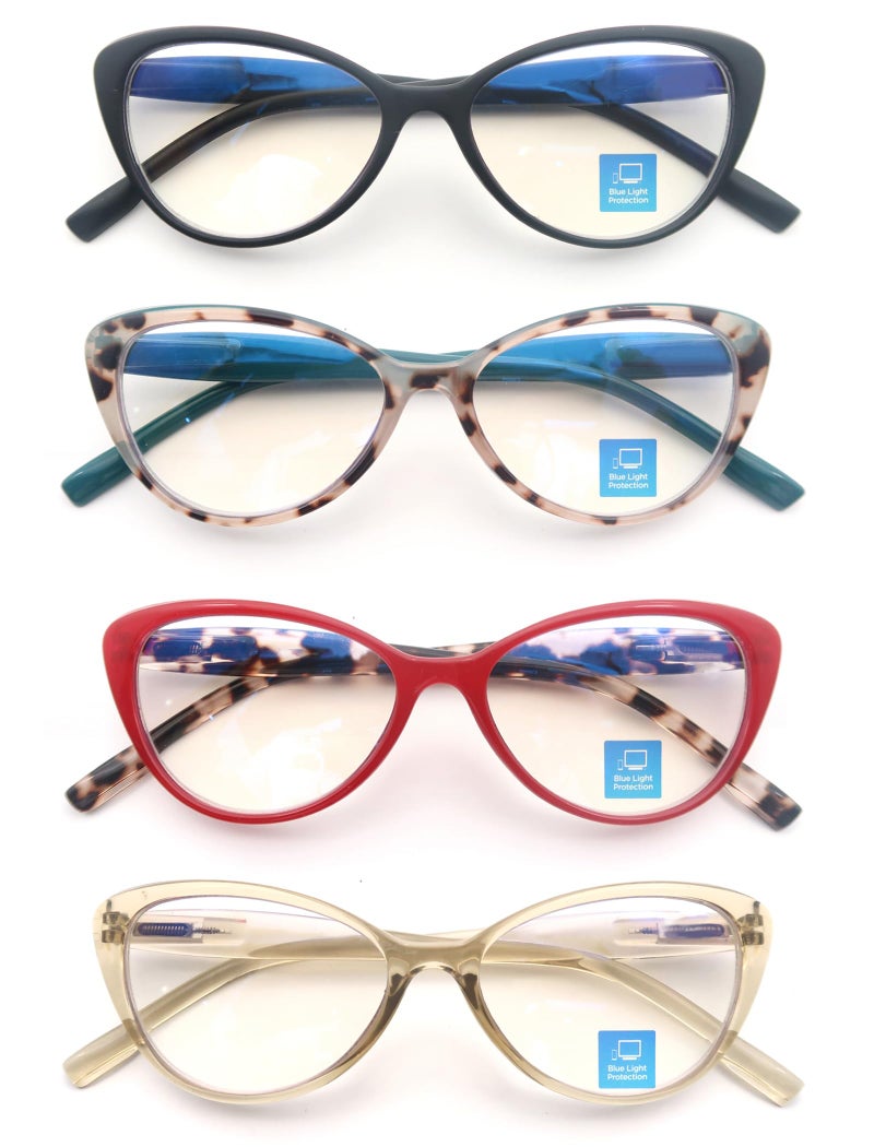MODFANS (Blue Light Blocking) Reading Glasses Women cat Eye,4 Pairs Ladies Reading Glasses (Anti-Blue Light) with Glasses Pouch